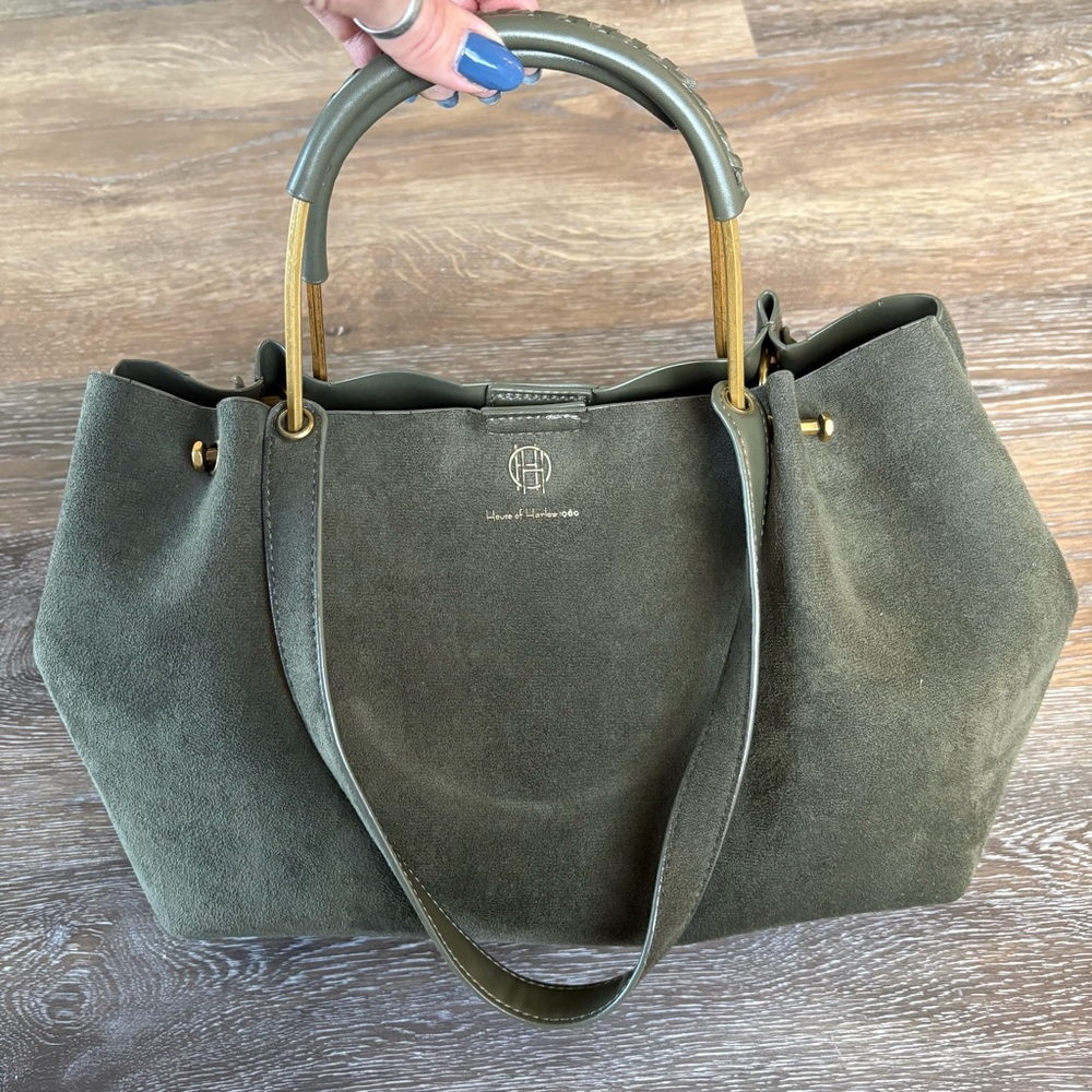 House of Harlow 1960 Olive Green Faux Suede Satchel Tote Handbag